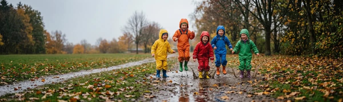 Children in Oaki rain suits jumping through puddles on an autumn path
